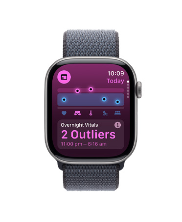 Apple Watch Series 11, space grey colour, aluminium case, Vitals app, health score chart, overnight vitals outliers notification, right side exterior, Digital Crown, Sport Loop, dark grey colour