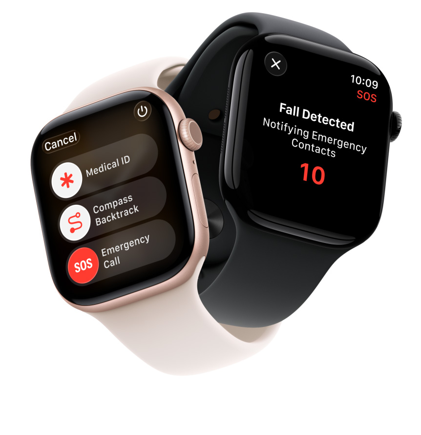 Apple Watch Series 11 devices, aluminium cases, rose gold and polished jet black colours, safety features onscreen: medical ID, compass backtrack, emergency call, Sport Bands, light blush and black colours