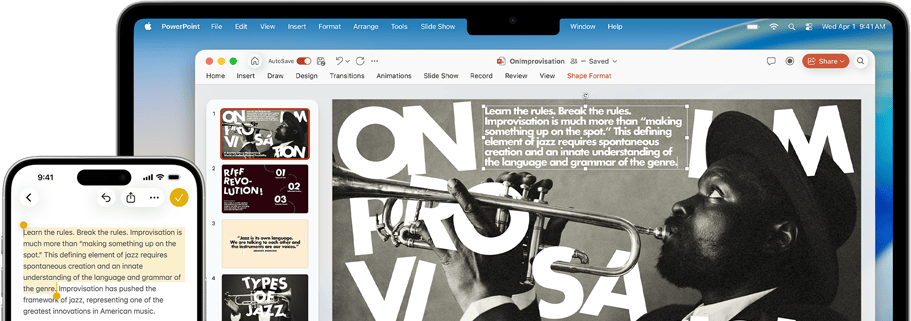 iPhone 16 Plus с подчертан текст в приложението Бележки, Macbook Air с отворен Keynote слайд, текстът от приложението Бележки се вижда на слайда