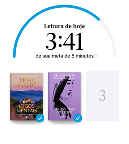 A tela do iPhone mostra a interface Metas de Leitura no app Livros. No alto, aparece o círculo de progresso de uma meta de leitura. Abaixo do círculo de progresso, são mostradas três capas de livros. Embaixo das capas, o texto diz que falta um livro para alcançar a meta de ler oito livros em 2024.