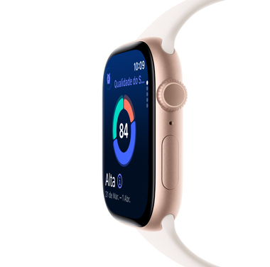 Imagem lateral do Apple Watch Series 11 com caixa cor de ouro rosa de alumínio mostrando a pontuação do sono e outros dados dinâmicos.