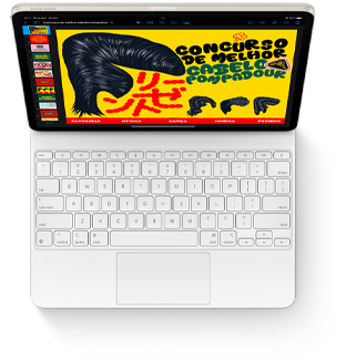 Imagem de cima do iPad Air com um Magic Keyboard branco para iPad Air.