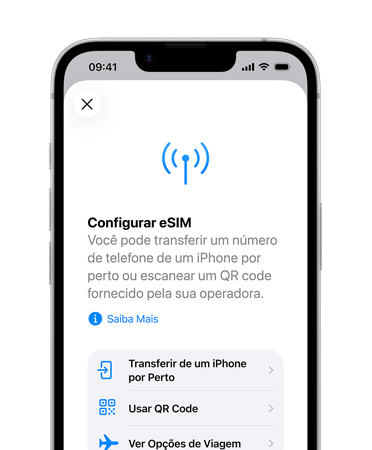 Tela do iPhone 17e mostrando o recurso Configurar eSIM para transferir um número de um telefone próximo ou escanear um código QR