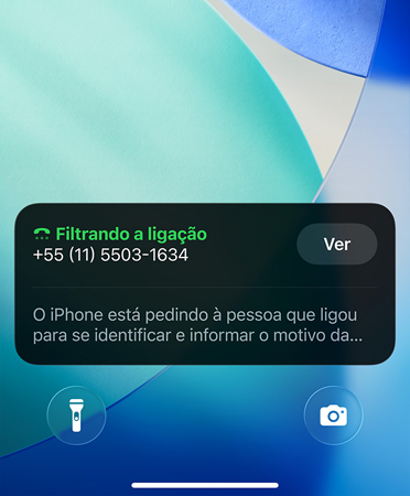 Widget de app do iPhone mostrando o recurso de filtragem em uma chamada recebida e uma nova imagem de fundo do sistema operacional