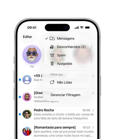 iPhone, dois terços superiores da tela mostrando o app Mensagens com o novo menu do recurso de ferramentas de filtragem sobreposto