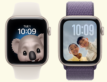 Fun and funny watch faces, Face 1: Koala Memoji, time centred at top of screen, Face 2: Photos, time in top-right corner