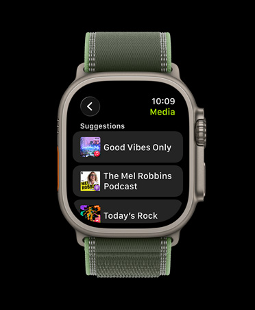 Apple Watch Ultra 3, titanium case, natural colour, Apple Music, music and podcast suggestions, Trail Loop, green/neon colour