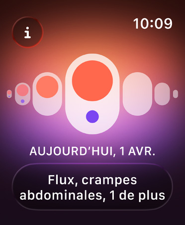 Suivi du cycle dans l’app Santé, points orange et violets soulignant différents symptômes de menstruations