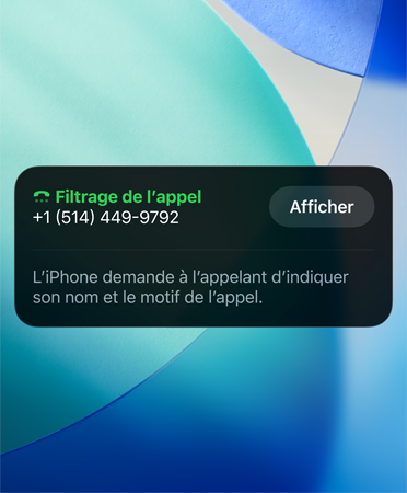 App Téléphone montrant la fonctionnalité de filtrage d’appels en cours d’utilisation