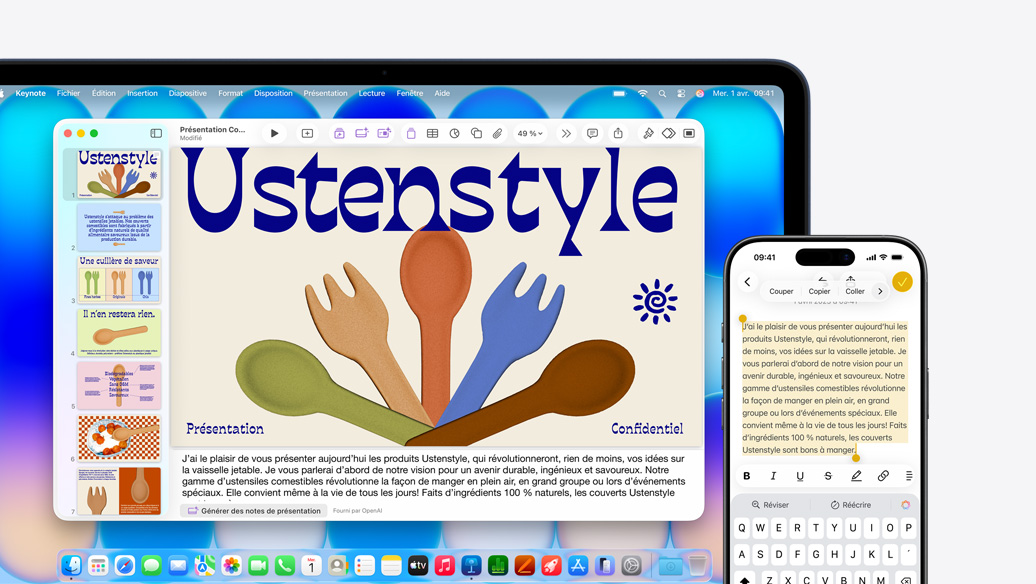 Un MacBook Neo, indigo, affichant la présentation Keynote d’une gamme de produits, à côté d’un iPhone montrant du texte sélectionné dans l’app Notes