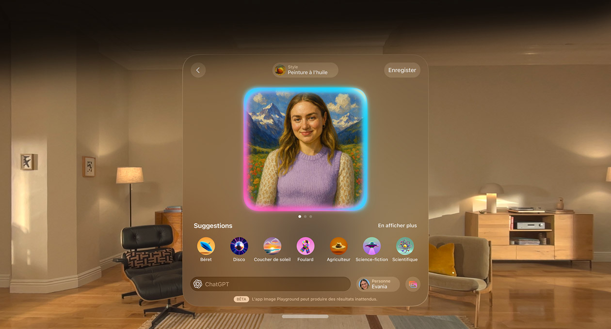 Apple Vision Pro Image Playground screen floating in room showing a Genmoji face