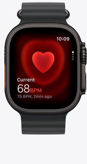 Apple Watch Ultra 3, black titanium case colour, Heart Rate app, current beats per minute