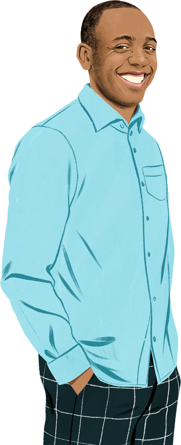 Dibujo de Brian viendo al lector con una sonrisa y rodeado de íconos de iPad y iPhone y de un candado.