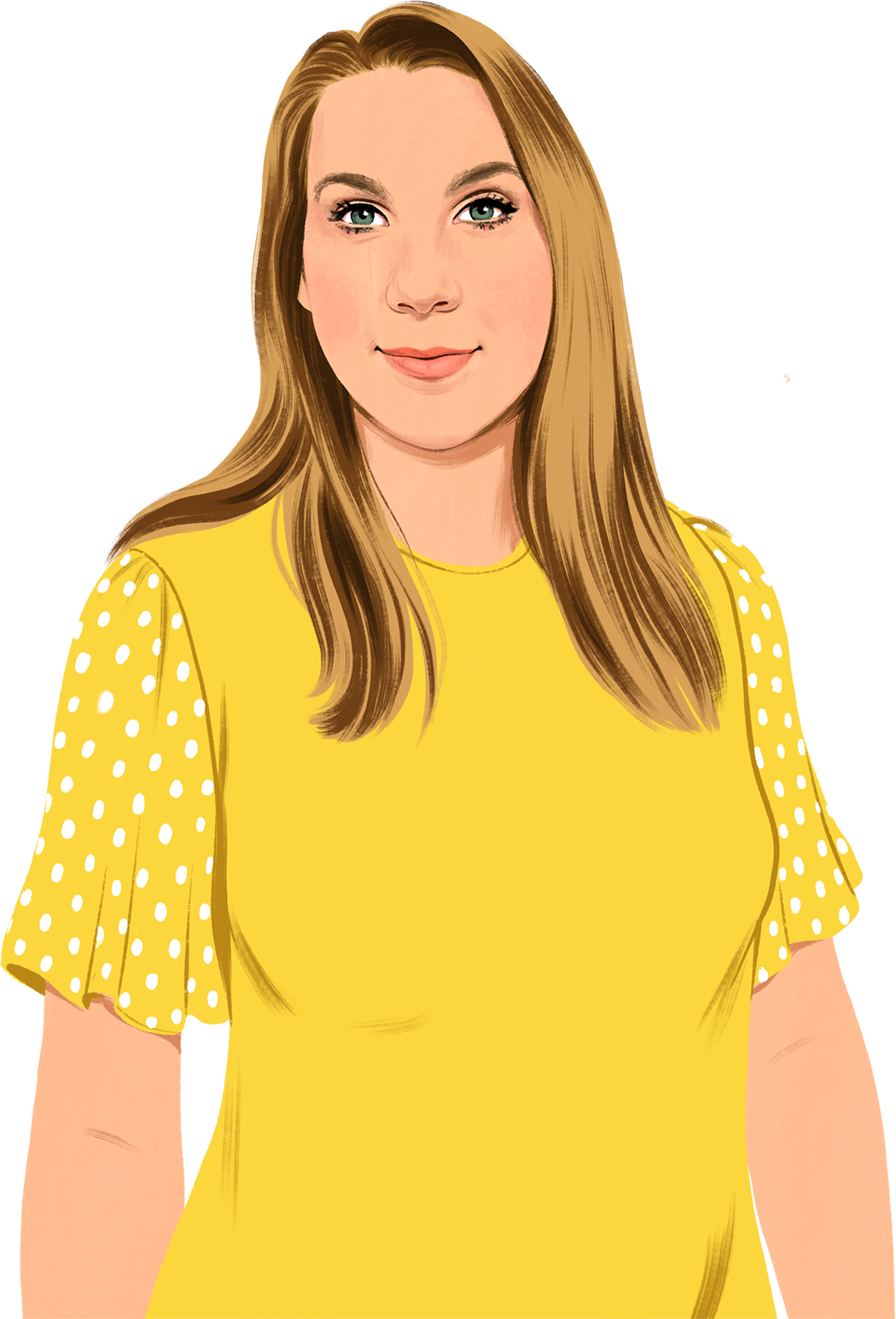 Rysunkowy portret uśmiechniętej Jennifer, która patrzy się na czytelnika; w tle pojawiają się rysunki zielonych liści.