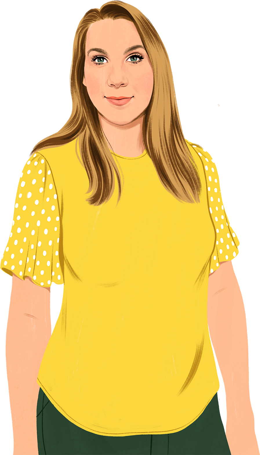 Rysunkowy portret uśmiechniętej Jennifer, która patrzy się na czytelnika; w tle pojawiają się rysunki zielonych liści.