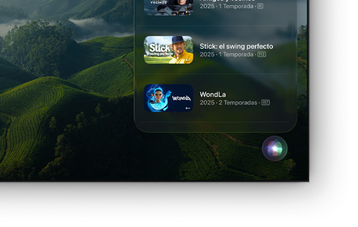 Un televisor de pantalla plana con una lista de películas y series de Apple TV