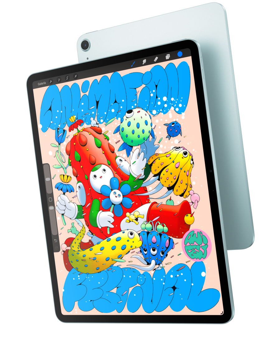 Vista frontal de un iPad Air de 13 pulgadas con la app Procreate que se superpone con la vista posterior de un iPad Air azul