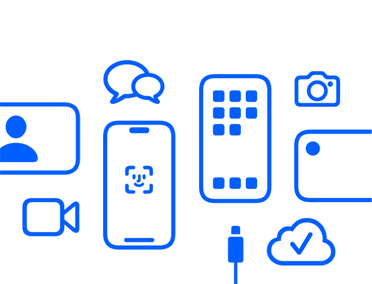 Dispositivos Apple y funcionalidades, iCloud, iPhone con Face ID y cable de carga, Cámara, Mensajes.