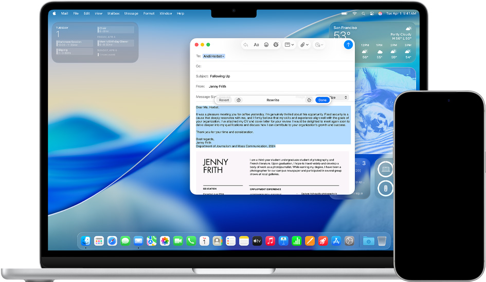 Na Macu jsou vidět Psací nástroje a na iPhonu Okamžité tlumočení