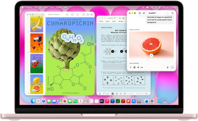 Ruměný MacBook Neo, uživatel si nechává vygenerovat obrázek grepu v ChatuGPT, v dalších oknech je dokument Keynotu s plakátem o molekulách, na kterém je ovoce, zelenina a související molekulární sloučeniny, a vedle dokument Microsoft Wordu s podobným obsahem
