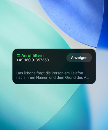 iPhone App Widget mit Filterfunktion für einen eingehenden Anruf vor neuem Hintergrundbild des Betriebssystems