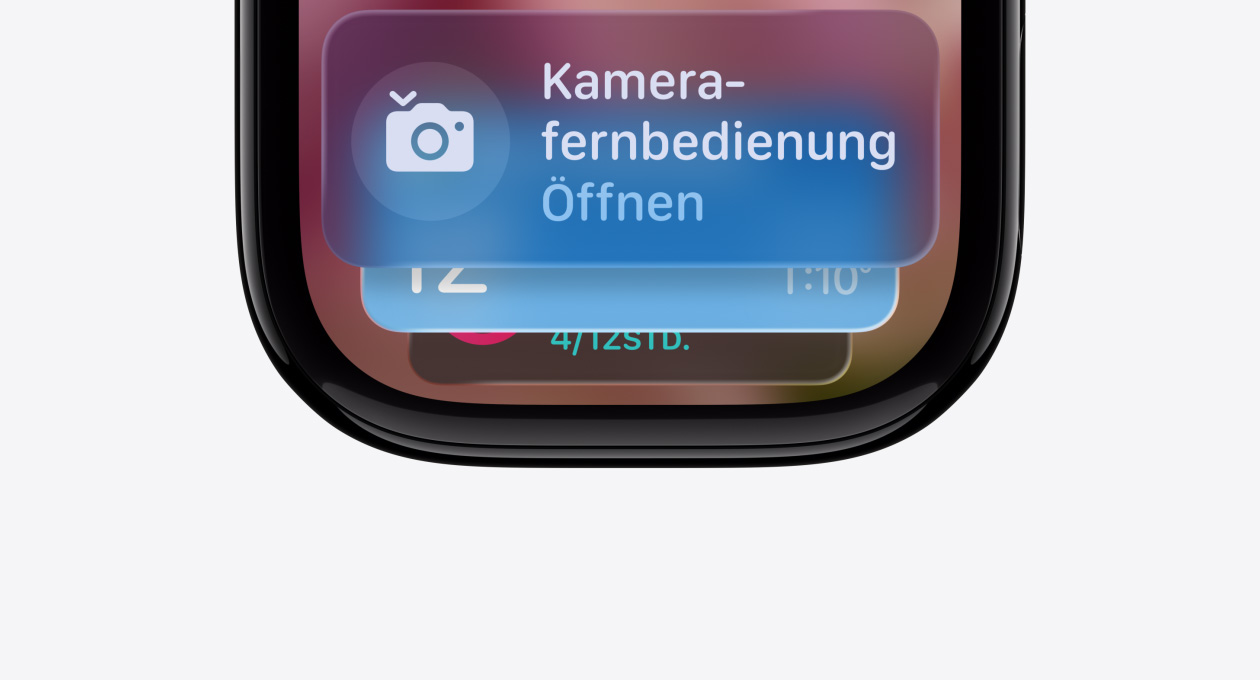 Apple Watch in Diamantschwarz ohne Armband, Zifferblatt zeigt Smart Stapel Hinweisanzeige