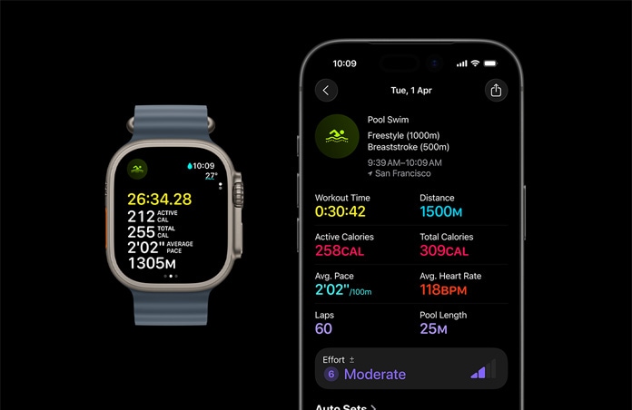 Apple Watch Ultra 3, naturaalne värv, titaanist korpus, rihm Ocean Band, ankrusinine värv, aktiivne ujumistreening, suurem treeningunäitajate jaotus iPhone’is