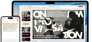 iPhone 16 Plus, millel on tekst Notes rakenduses esile tõstetud, MacBook Air avatud Keynote slaidiga, millel on nähtav rakenduse Notes tekst