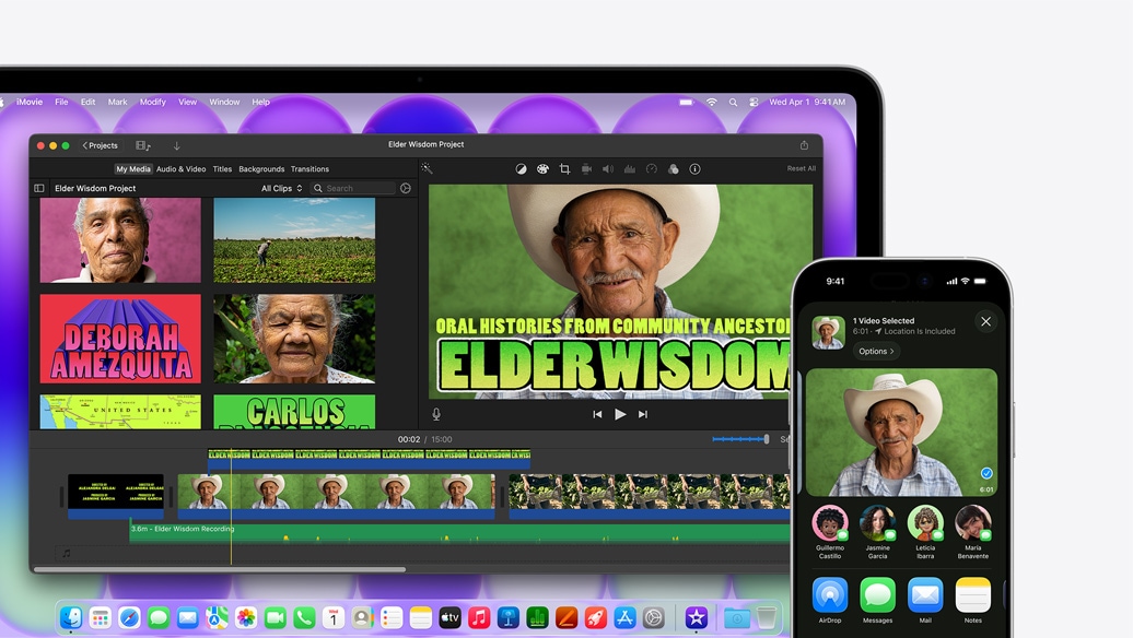 Hõbedane MacBook Neo kuvab iMovie akent pealkirjaga „Elder Wisdom Project“, selle kõrval on iPhone videoga ühest iMovie aknas olevast inimesest; video all on jagamisvalikute loend, sealhulgas AirDrop