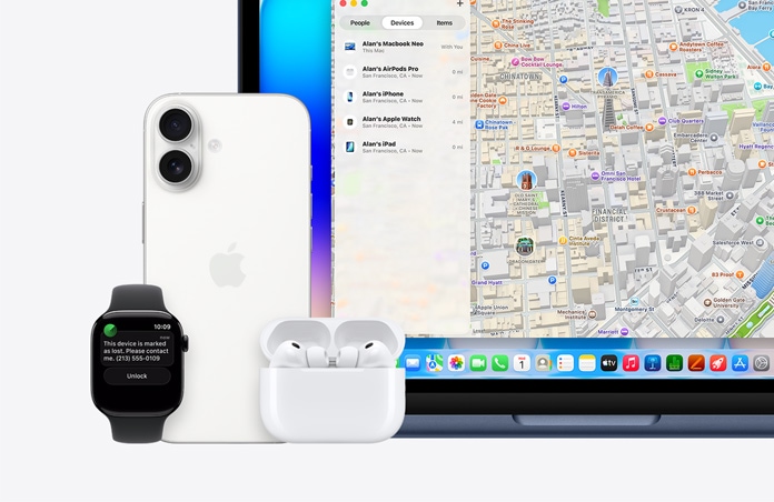 Apple Watch, ekraanil on tekst „See seade on märgitud kadunuks, palun võta minuga ühendust“ koos telefoninumbriga; kõrval on iPhone, AirPods Pro ja indigo toonis MacBook Neo, mille ekraanil on rakendus Find My koos kaardi ja seadmete loendiga koos nende asukohtadega