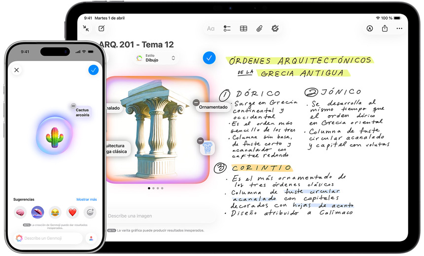 Un iPhone con el Genmoji de un cactus multicolor y un iPad con un boceto convirtiéndose en un templete de estilo mogol con Varita Gráfica.