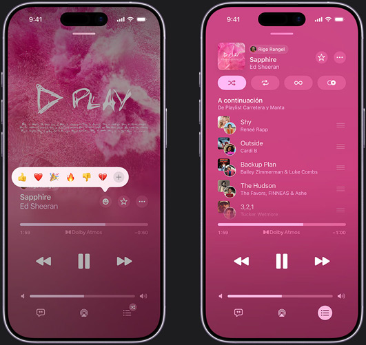 El iPhone de la izquierda muestra la canción «Sapphire» de Ed Sheeran en la pantalla y el menú de selección de reacciones con varios emojis: pulgar hacia arriba, corazón, fiesta, pulgar hacia abajo o añadir otra reacción. El iPhone de la derecha muestra una playlist colaborativa con varias canciones añadidas por otras personas