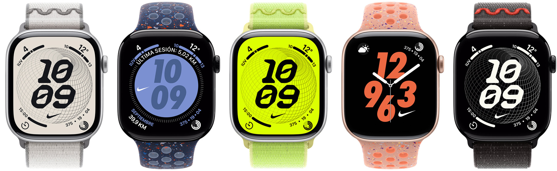 Dispositivos Apple Watch, correas de Nike: correa Loop Nike Sport gris velado, correa Nike Sport azul satén, correa Loop Nike Sport Volt Splash, correa Nike Sport rosa alba, correa Nike Sport negro noche, esferas de Nike: Globo, Híbrido, Rebote, Digital