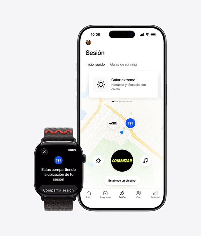 Apple Watch Series 11, mensaje de Compartir Ubicación en pantalla, iPhone 17, la app Nike Run Club muestra el mapa de una carrera al aire libre