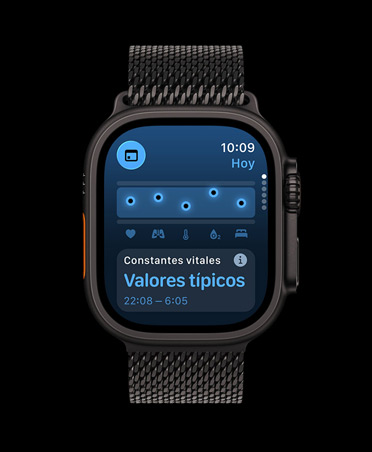 Apple Watch Ultra 3, color negro, caja de titanio, app Constantes Vitales, resumen de salud, notificación de valores atípicos, pulsera Milanese Loop negra