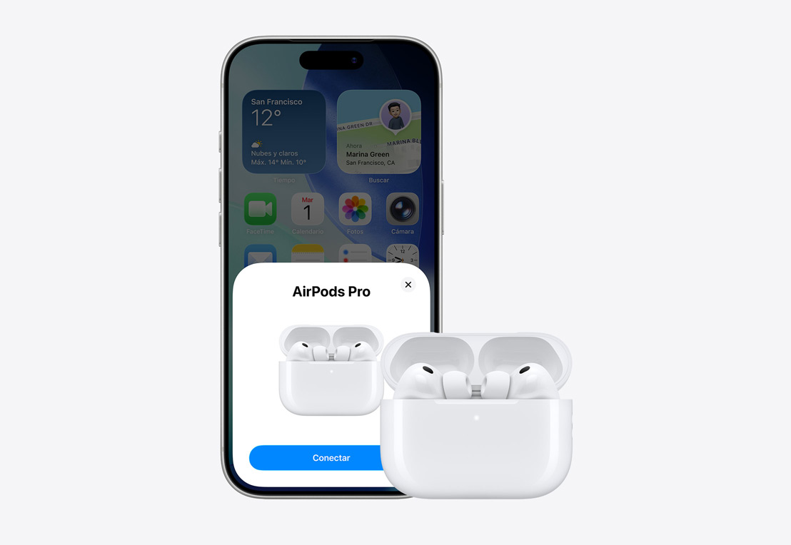 Parte delantera de un iPhone, notificación para conectar unos AirPods en la pantalla, AirPods en un estuche abierto al lado del iPhone