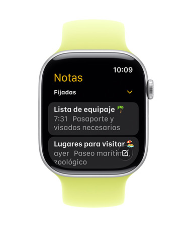 Apple Watch Series 11, pantalla con la app Notas, dos notas fijadas