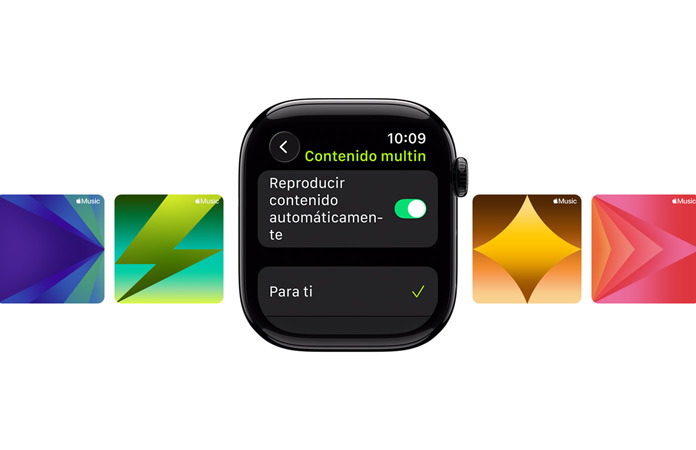 Un Apple Watch en el centro en negro azabache, sin correa, con las opciones Para Ti y Seleccionar Contenido en la esfera, y fondos de pantalla personalizados de Apple Music en la parte posterior