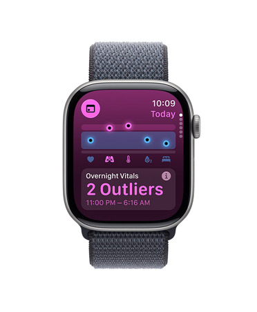 Apple Watch Series 11, kleur spacegrijs, kast van aluminium, Vitale Functies-app, grafiek met gezondheidsscore, melding bij afwijkende waarden van vitale functies ’s nachts, rechterkant, Digital Crown, geweven sportbandje, kleur donkergrijs