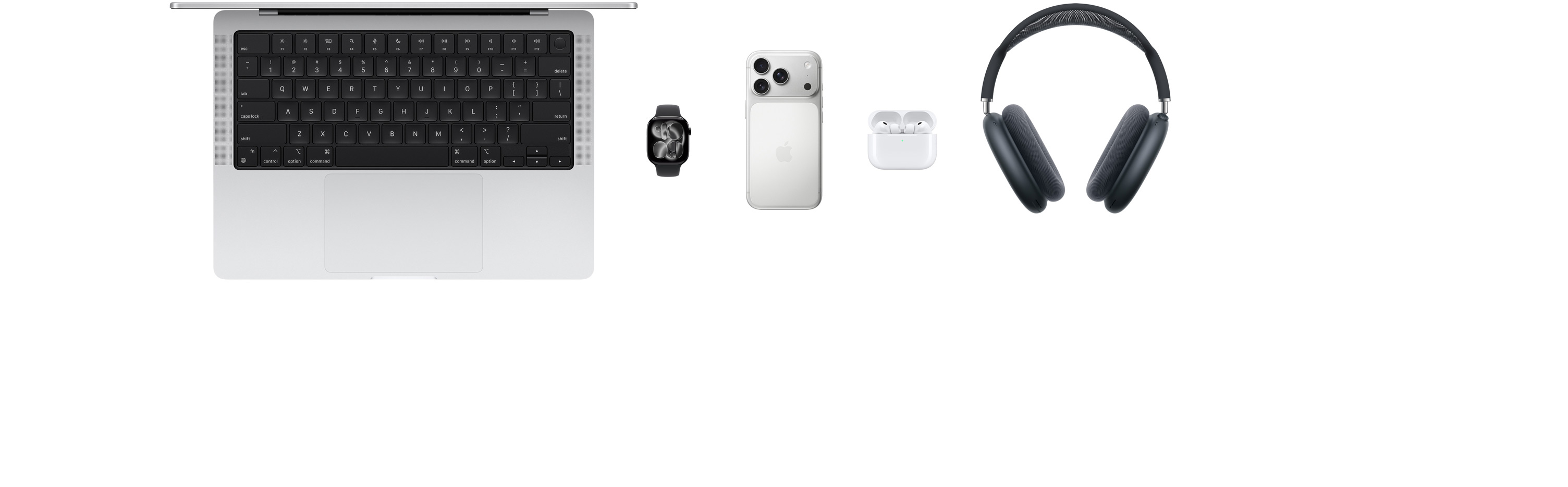 Verschillende Apple producten, waaronder een MacBook, een Apple Watch Series 11, een iPhone 17 Pro, AirPods Pro 3, AirPods Max