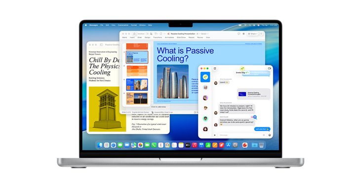 Demonstration of apps like Microsoft PowerPoint, Messages and Pages on MacBook Pro 14-inch.