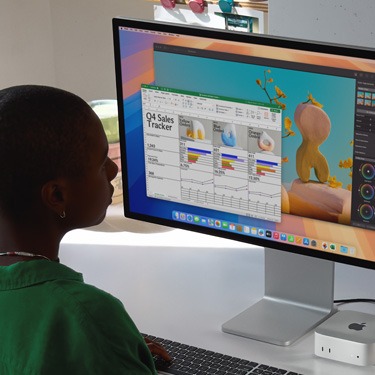 Een vrouw die aan een bureau op een Mac in een Excel-spreadsheet werkt. In de Excel-spreadsheet worden de verkopen voor het vierde kwartaal bijgehouden. Achter het venster met de spreadsheet bevindt zich een Pixelmator Pro-venster.