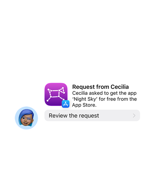 An Ask to Buy notification from Cecilia, requesting to download ‘Night Sky’ from the App Store. The user is able to review the request.