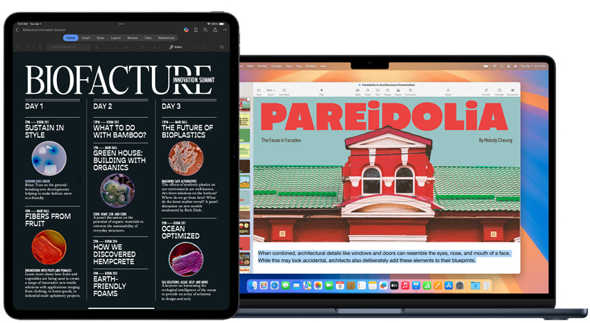 Un iPad et un MacBook affichent des projets scolaires.