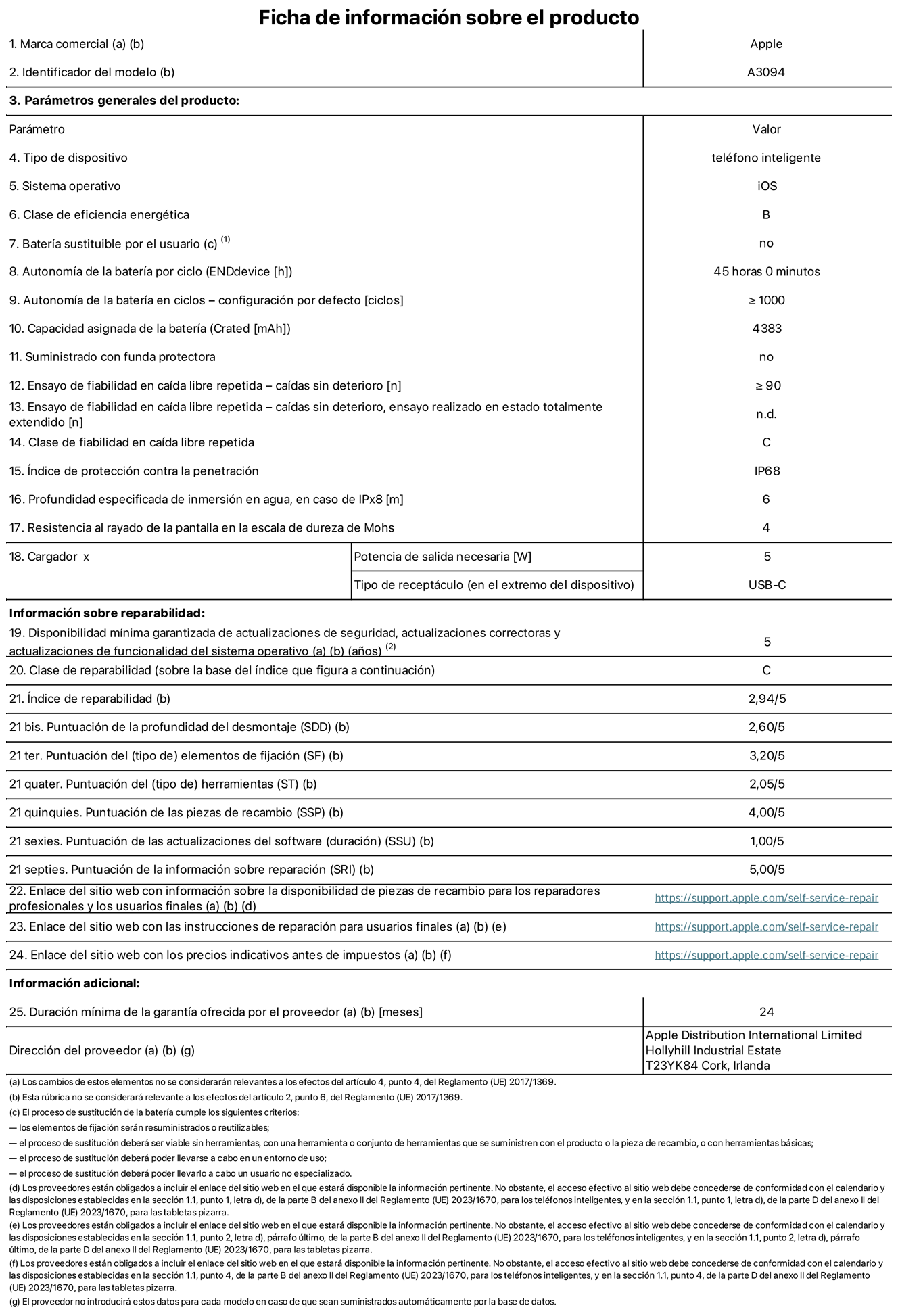 Ficha de información sobre el producto del iPhone 15 Plus. Modelo A3094. Suministrado por Apple Distribution International Limited con sede en Hollyhill Industrial Estate, T23 YK84 Cork (Irlanda). Tipo de dispositivo: Teléfono inteligente. Sistema operativo: iOS. Clase de eficiencia energética: B. Batería sustituible por el usuario: No. Autonomía de la batería por ciclo: 45 horas. Autonomía de la batería en ciclos (configuración por defecto): ≥ 1.000. Capacidad asignada de la batería: 4.383 mAh. Suministrado con funda protectora: No. Caídas sin deterioro en ensayo de fiabilidad en caída libre repetida: ≥ 90. Caídas sin deterioro en ensayo de fiabilidad en caída libre repetida realizado en estado totalmente extendido: N. A. Clase de fiabilidad en caída libre repetida: C. Índice de protección contra la penetración: IP68. Profundidad especificada de inmersión en agua, en caso de iPx8 (m): 6. Resistencia al rayado de la pantalla en la escala de dureza de Mohs: 4. Potencia de salida requerida del cargador: 5 W. Tipo de receptáculo del cargador (en el extremo del dispositivo): USB‑C. Disponibilidad mínima garantizada de actualizaciones de seguridad, correctoras y de funcionalidad del sistema operativo: 5 años. Clase de reparabilidad: C. Índice de reparabilidad: 2,94/5. Puntuación de la profundidad del desmontaje (SDD): 2,60/5. Puntuación de los elementos de fijación: 3,20/5. Puntuación de las herramientas: 2,05/5. Puntuación de las piezas de recambio: 4/5. Puntuación de las actualizaciones de software: 1/5. Puntuación de la información sobre reparación: 5/5. Enlace del sitio web con información sobre la disponibilidad de piezas de recambio para reparadores profesionales y usuarios finales: https://support.apple.com/self-service-repair. Enlace del sitio web con las instrucciones de reparación para usuarios finales: https://support.apple.com/self-service-repair. Enlace del sitio web con los precios indicativos antes de impuestos: https://support.apple.com/self-service-repair. Se ofrece una garantía general de 24 meses.
