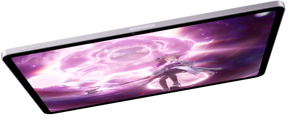 Ein iPad Air im Querformat, auf dem ein Videospiel gezeigt wird, darunter sind zwei andere iPad Air Modelle