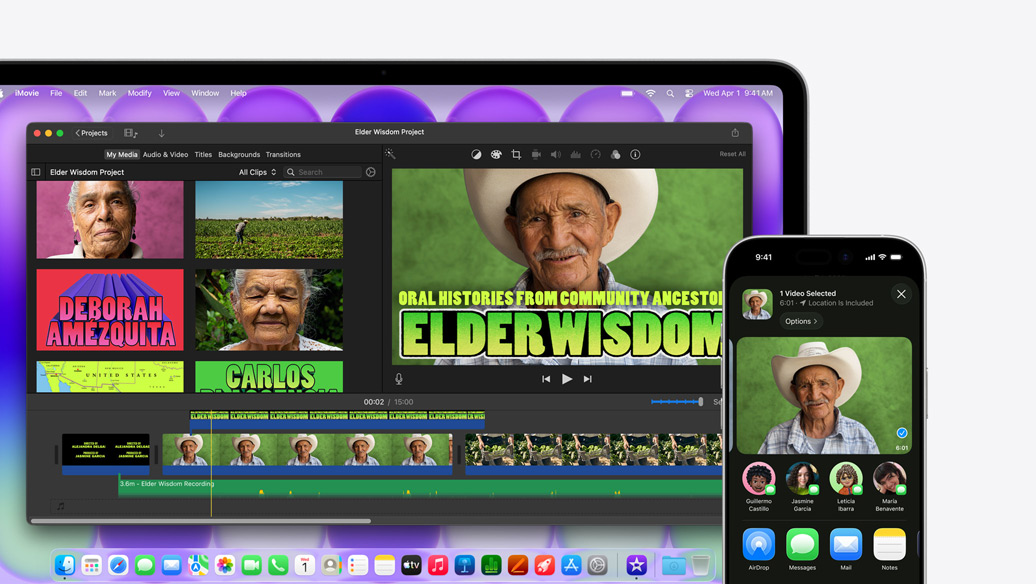 MacBook Neo, Farbe Silber, mit einem iMovie Fenster mit dem Titel «Elder Wisdom Project», daneben ein iPhone mit einem Video einer der Personen, die im iMovie Fenster gezeigt wird, unter dem Video ist eine Liste mit Optionen zum Teilen, darunter AirDrop