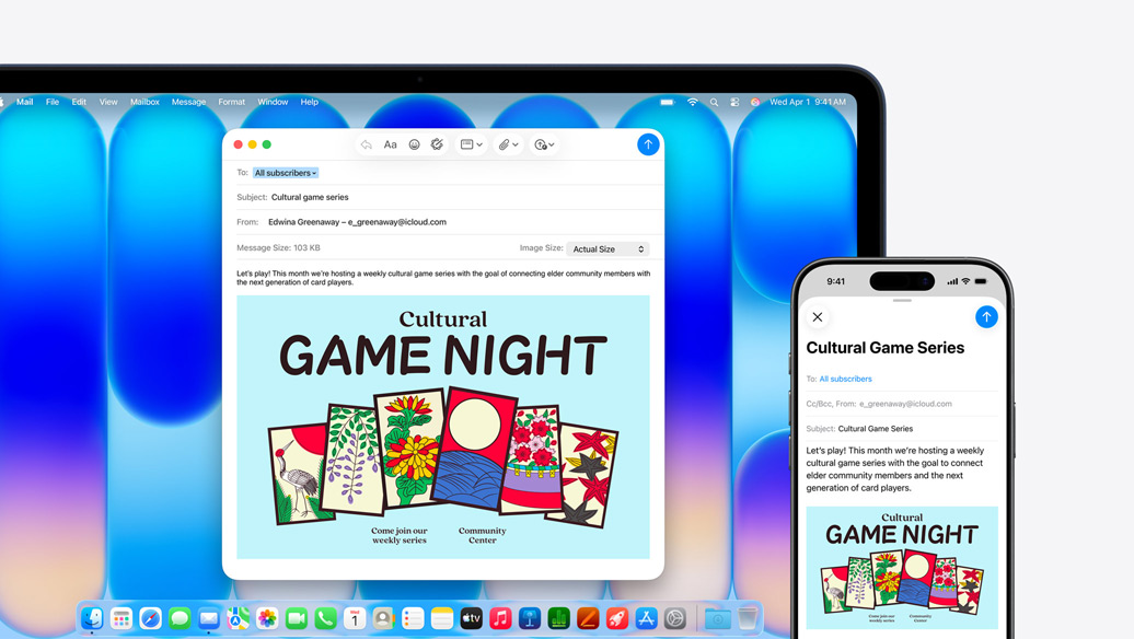 MacBook Neo i indigo, med iPhone ved siden av, begge skjermene viser samme e-post, med info om et arrangement på et samfunnshus