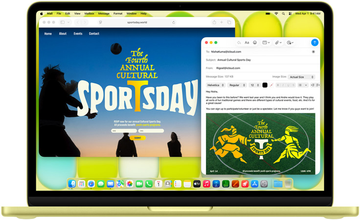 MacBook Neo, Farbe Zitrus, eine Person tippt auf der Tastatur und verfasst eine E-Mail Einladung zu einem Sportevent, die Website für das Event wird daneben angezeigt