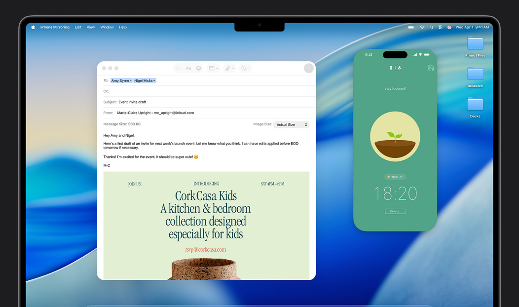 MacBook Pro, app Mail ouverte, écran d’un iPhone recopié sur celui du MacBook Pro affichant l’app Forest